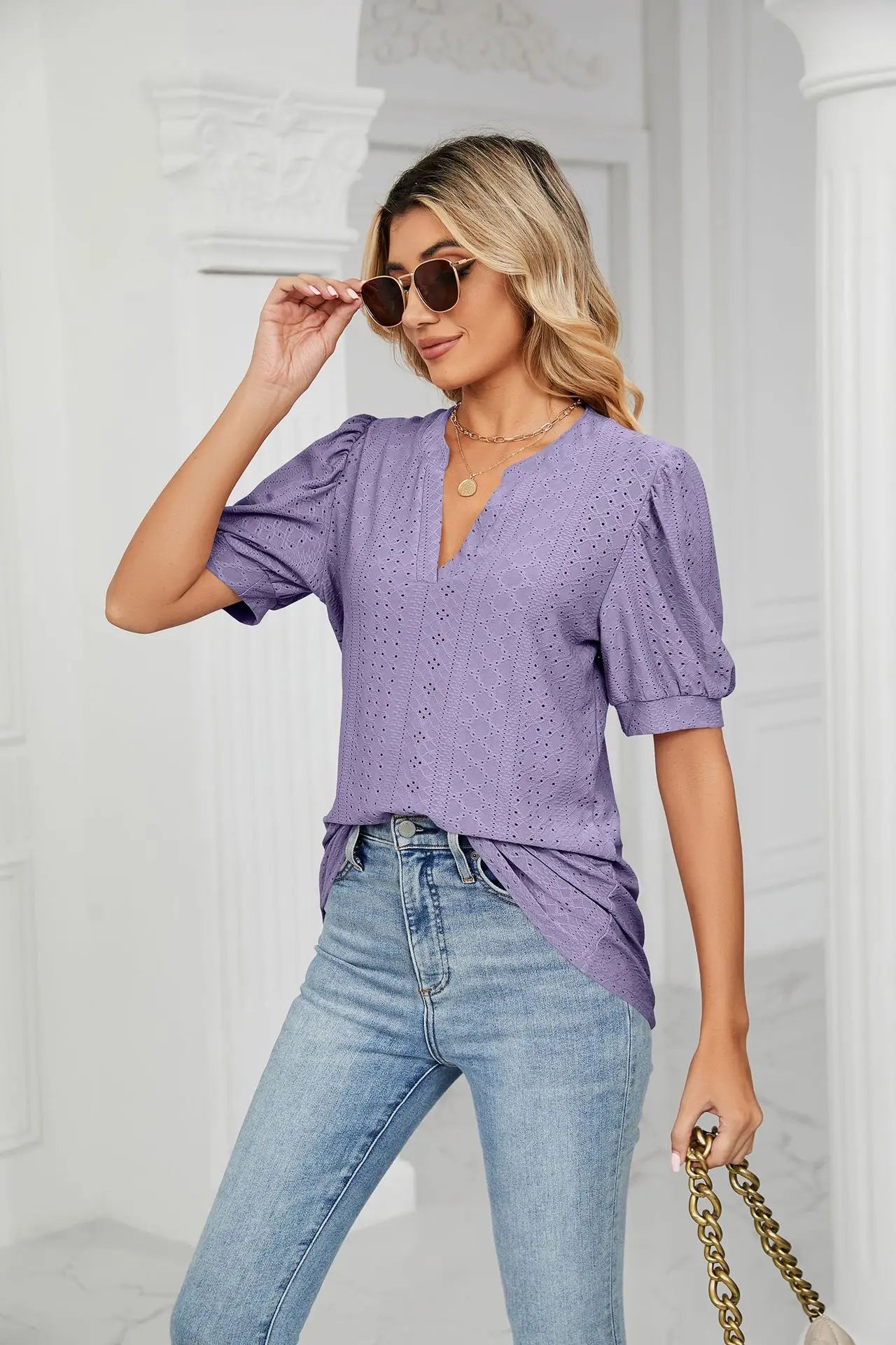 Womens Tops V Neck Ruffle Sleeve Blouses Short Sleeve Casual Tops T-Shirts for Women Autumn Winter
