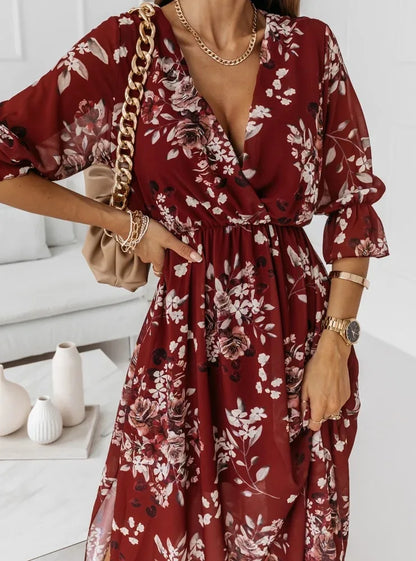 Women Dresses Sexy V Neck Retro Print Chiffon Maxi Dress Fashion Elastic Waist Side Splits Robe Elegant Long Sleeve Loose Dress