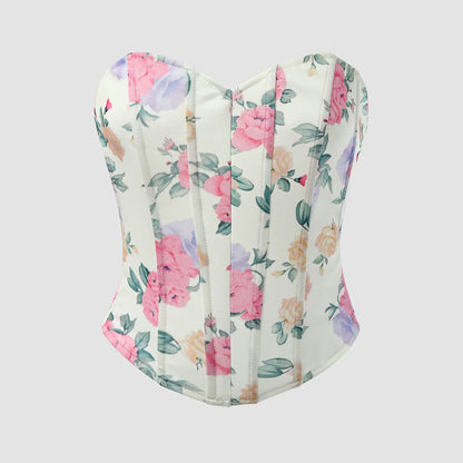 Women Floral Top Sexy Spicy Girl Tank Top Low cut Open Back Flower Wrapped Chest Diamond Fish Bone Strap Waist Vest Tank Top