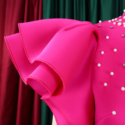 Elegant Dresses for Women O Neck Ruffles Sleeve Beaded Sheath Package Hips Mid Calf Luxury Birthday Party Dinner Vestidos Mujer