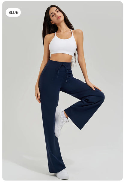 Women's High Waist Yoga Pants Gym Loose Running Yoga Pants Double Side Brushed with Pockets Pants Ties