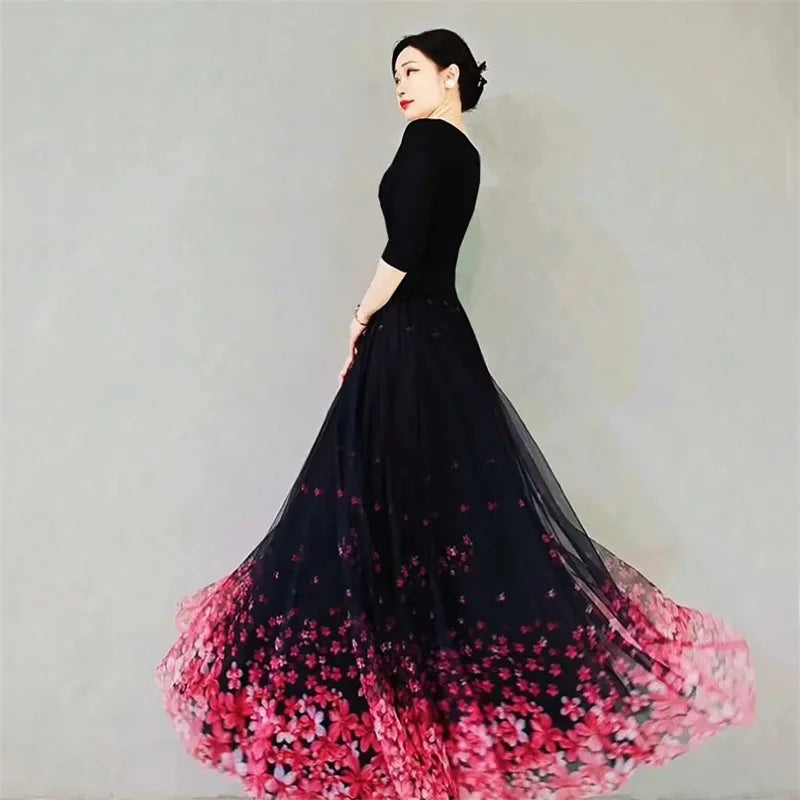 Skirt Women's Long Skirt 2024 New High Waist Slim A-line large Swing Skirt Female A-Line Skirts Summer Sakura Gradient Long Skir