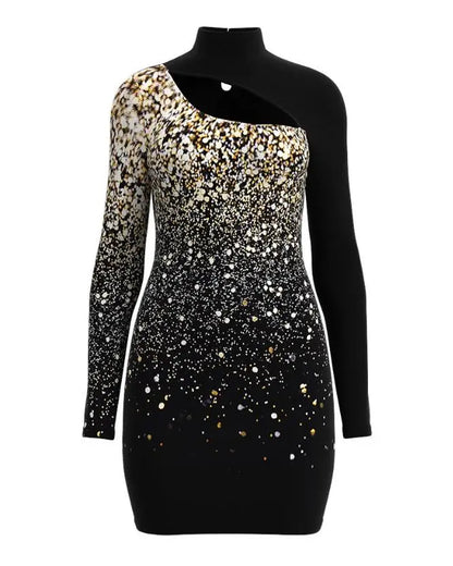 Evening Dresses for Women 2022 New Elegant Sexy Party Wedding Guest Glitter Contrast Lace Cutout Long Sleeve Bodycon Mini Dress