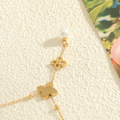 Women's fashion necklace Simple and elegant style double necklace pearl clover pendant inlaid shell Suitable for daily wear