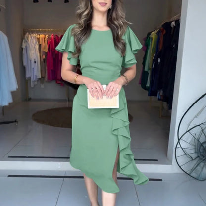 Elegant Dresses for Women Short Sleeves Pleated Hem Slim Fit Dress Summer Solid Color Elegant Pleated Hem A-Line Women's Dress