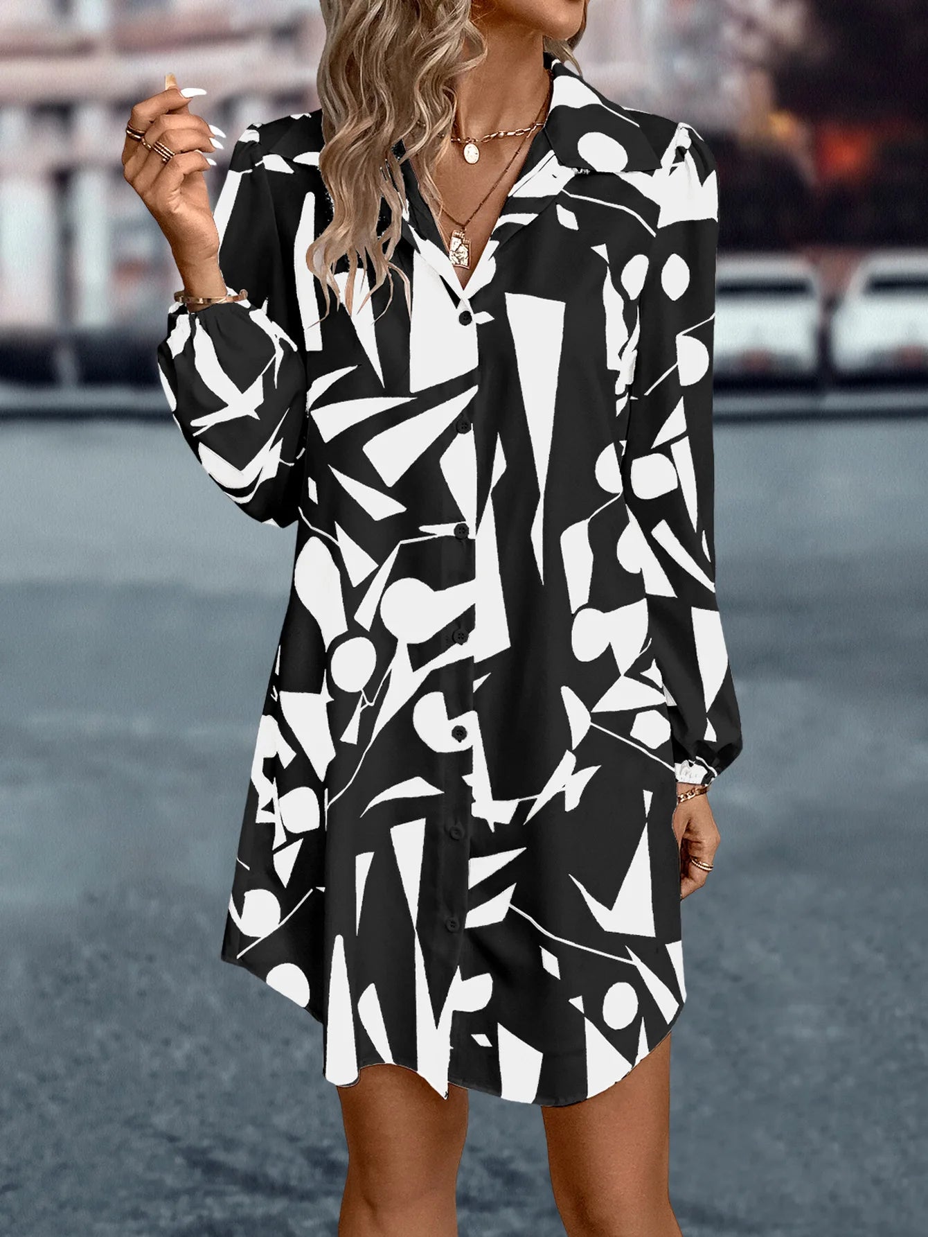 Women's Dresses New Printing Loose V-Neck Single Breasted Long Sleeve Elegant Casual Streetwear In 2024 Summer Vestidos For Lady