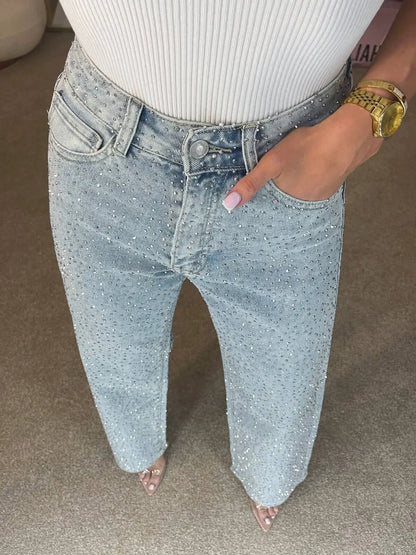 Jeans for Women Straight Diamonds Pants Stretch High Waist Washed Mom Jeans Vintage Denims Streetwear Y2k Streetwear Trousers