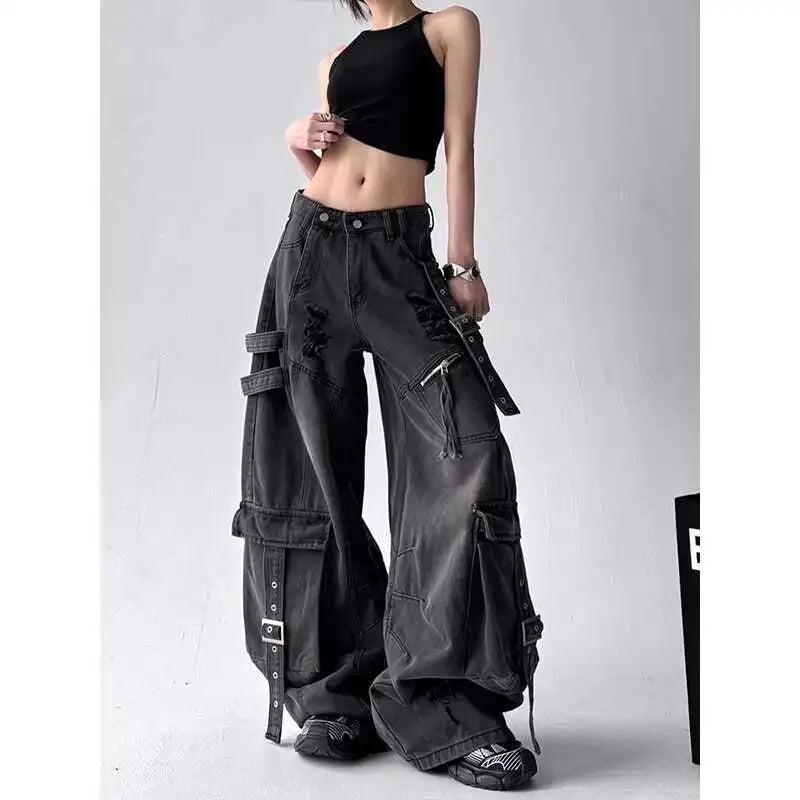 Women Jeans Design Deconstructes Drifting Strips Broken Holes Black Jeans For Women 2025 Spring New Multi Pocket Wide Leg Pants