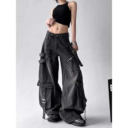 Women Jeans Design Deconstructes Drifting Strips Broken Holes Black Jeans For Women 2025 Spring New Multi Pocket Wide Leg Pants