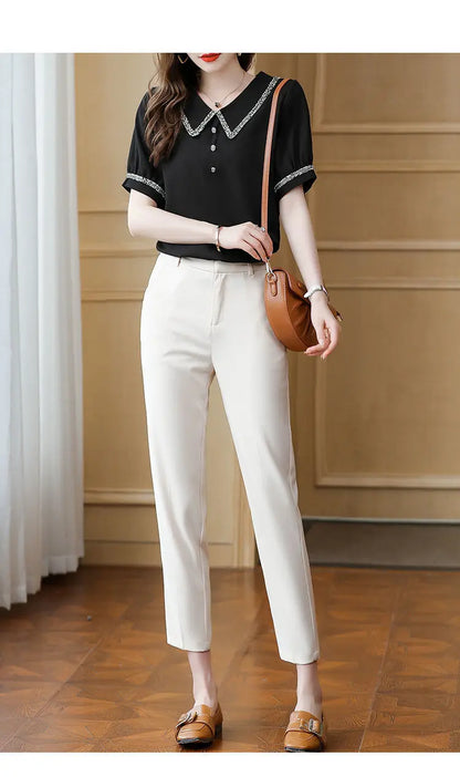 Top for Woman Office Outfits Clothing Black Women's Shirts and Blouses Chiffon Wear To Work Formal Collar Short Sleeve New 2024