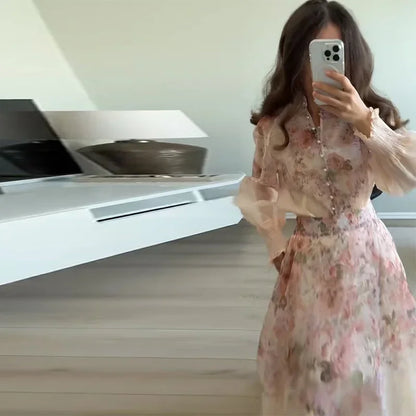 Elegant Floral Printed Long Skirts Set Women Loose Full Sleeve Single Breasted Shirts Pleated Skirt 2025 Summer Lady New Suits