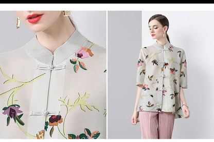 Pleated Tops for Women Summer Printed Shirts Loose Mom Wear Commuter Printed Short Sleeves Women Clothes