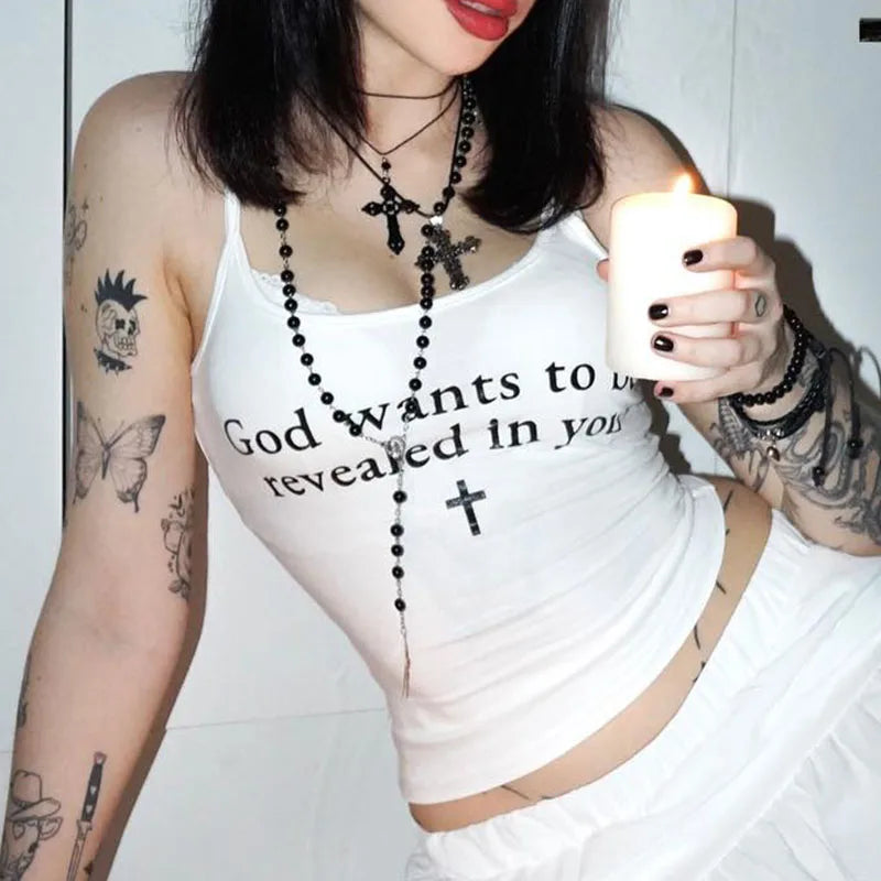 Women's Aesthetic Sexy Leeveless Tank Tops Vintage Letter Print Grunge Streetwear Crop Tops Y2k Clothes Gothic Girls Corset 2023
