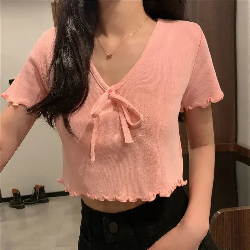 Tops Woman Short Sleeve T Shirt for Women V Neck New in Knitwears Plain Sexy Crop Korean Fashion Reviews Clothes Many Polyester
