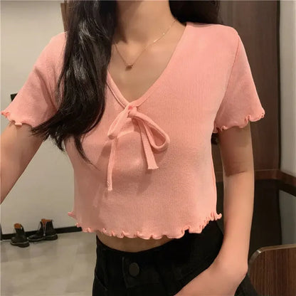 Tops Woman Short Sleeve T Shirt for Women V Neck New in Knitwears Plain Sexy Crop Korean Fashion Reviews Clothes Many Polyester