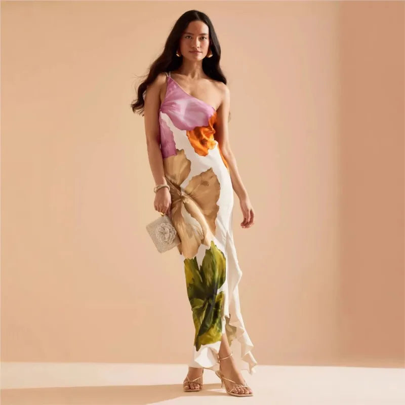 Women's Dress 2025 New Summer Floral Print One-shoulder Elegant Party Evening Maxi Dresses Fashion Vacation Beach Dress