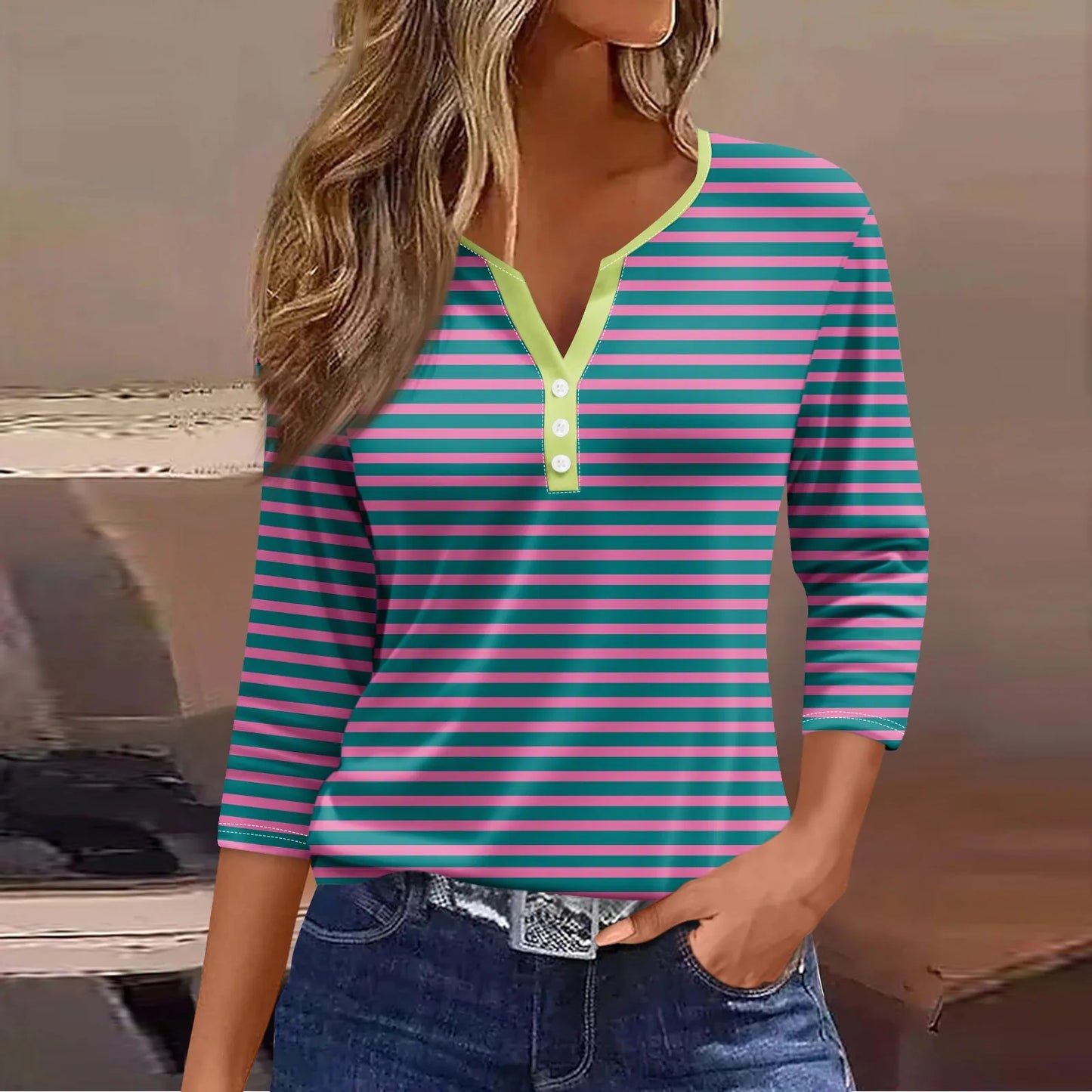 Tops For Women Women'S T Shirt Tee Print Button 3/4 Sleeve Daily Weekend Fashion Basic V Neck Regular Top Ropa De Mujer New