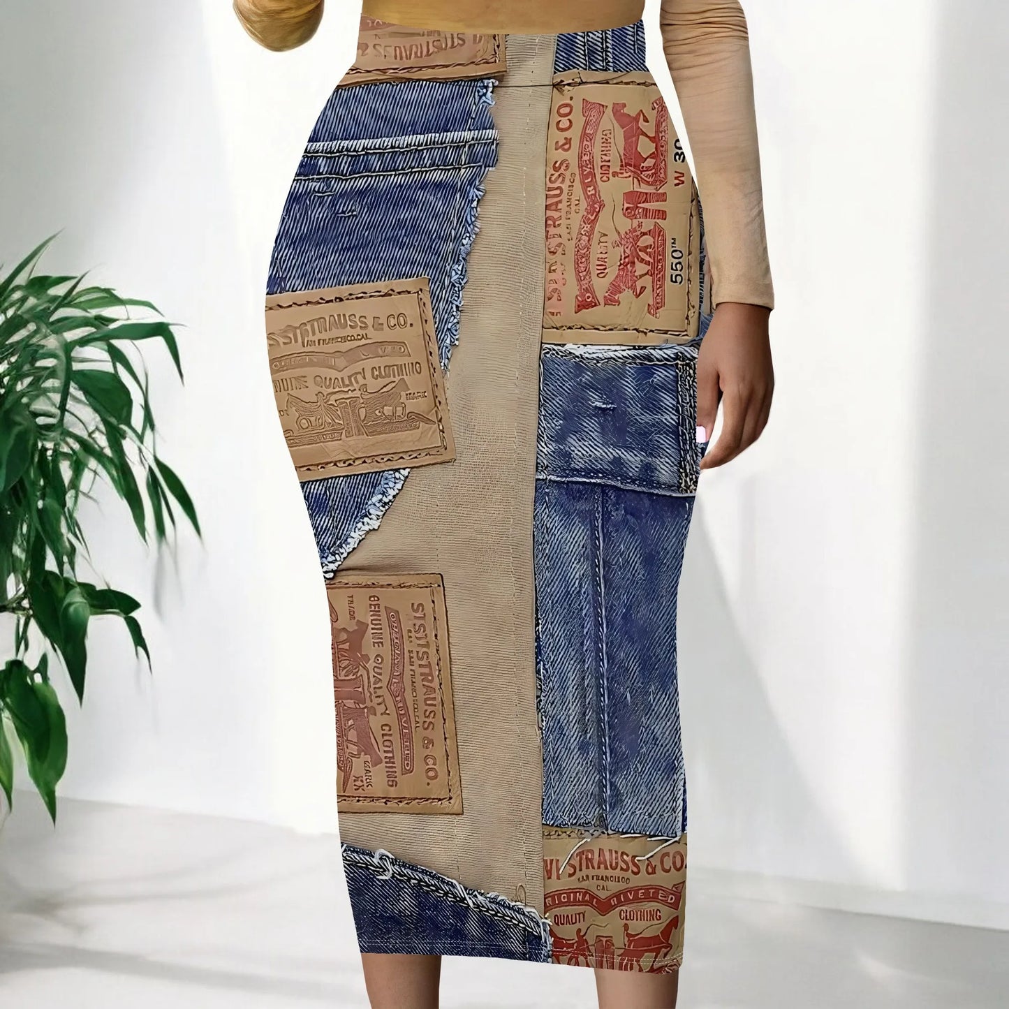 Womens Long Cotton Patchwork Stretch Denim Skirt a Line Flared Jean Maxi Skirt