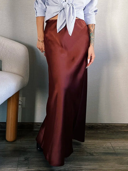Long Black Satin Skirts Women For Work Summer Autumn Straight Brown Skirt Long Belt Coffee Formal Silk Maxi Skirt For Ladies