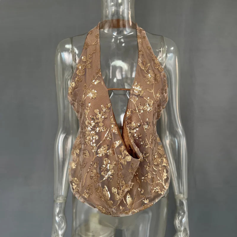 hirigin Sexy Glitter Sequin Tank Tops Women Y2K Fashion Deep V-neck Hollow Out Cropped Tops Tee Summer New Backless Beach Tops