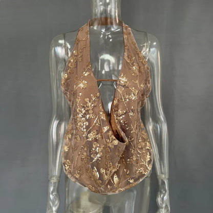 hirigin Sexy Glitter Sequin Tank Tops Women Y2K Fashion Deep V-neck Hollow Out Cropped Tops Tee Summer New Backless Beach Tops