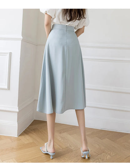 Women's Skirts High Waist Sweet Girl's Mid-calf Skirt Solid Skirts for Women Vintage Long Fashion 2023 Kawaii Summer Women Skirt