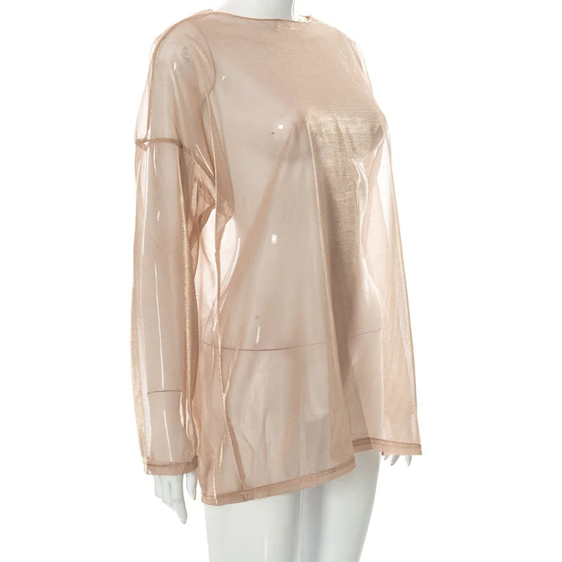 See Through T Shirts For Women Y2k Clothes Sexy Crop Tops Long Sleeve Oversized Tshirt O-Neck Club Outfit Reflective Egirl Tees