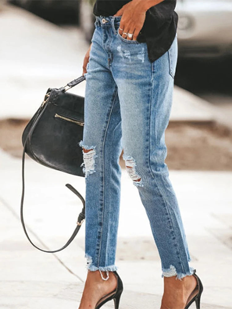 Women‘s Fashion Straight Jeans Casual High Waisted Washed Skinny Trousers Ripped Slim Pants For Lady Commuter 2025 Fashion Trend