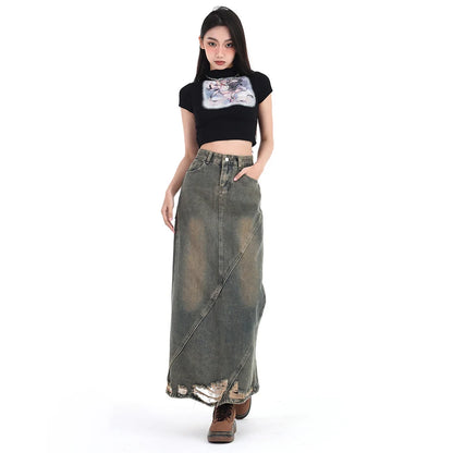 Women Denim Skirt Y2k Emo 2000s Clothes Long Skirt Harajuku Korean 90s Fashion Vintage Gradient A-line Jean Skirt Grunge Clothes