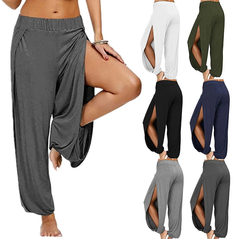 Women Sports Yoga Pants Summer High Slit Haren Pants Solid Loose Hippie Harem Wide Leg Pants Trousers