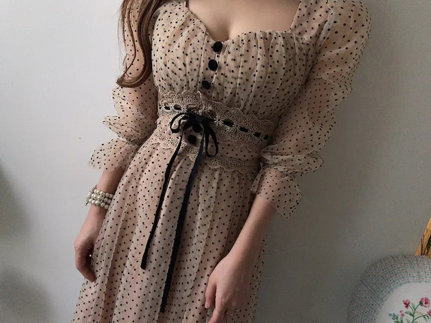 Women Clothing Vestidos Vintage Dress Elegant Square Neck High Waisted Lace Organza Polka Dot Dresses Chic Summer 2025 Slim