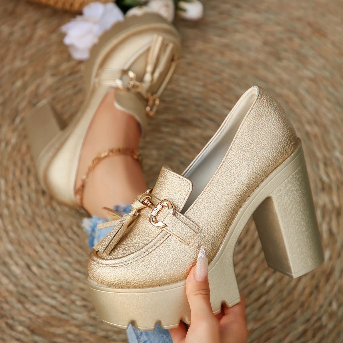 2025 New Women Pumps Fashion Tassels Thick Heeled Party Shoes Gothic Platform Shoes Woman Bowknot Chunky High Heel Pumps Women