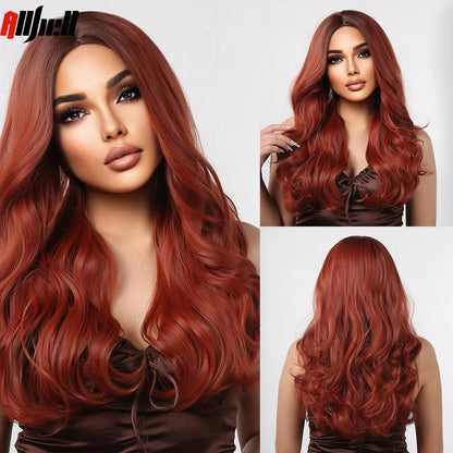 Long Wavy Wine Red Synthetic Wigs Natural Wave Afro Wigs With Bangs for Black Women Cosplay Costume Wig Heat Resistant Fiber