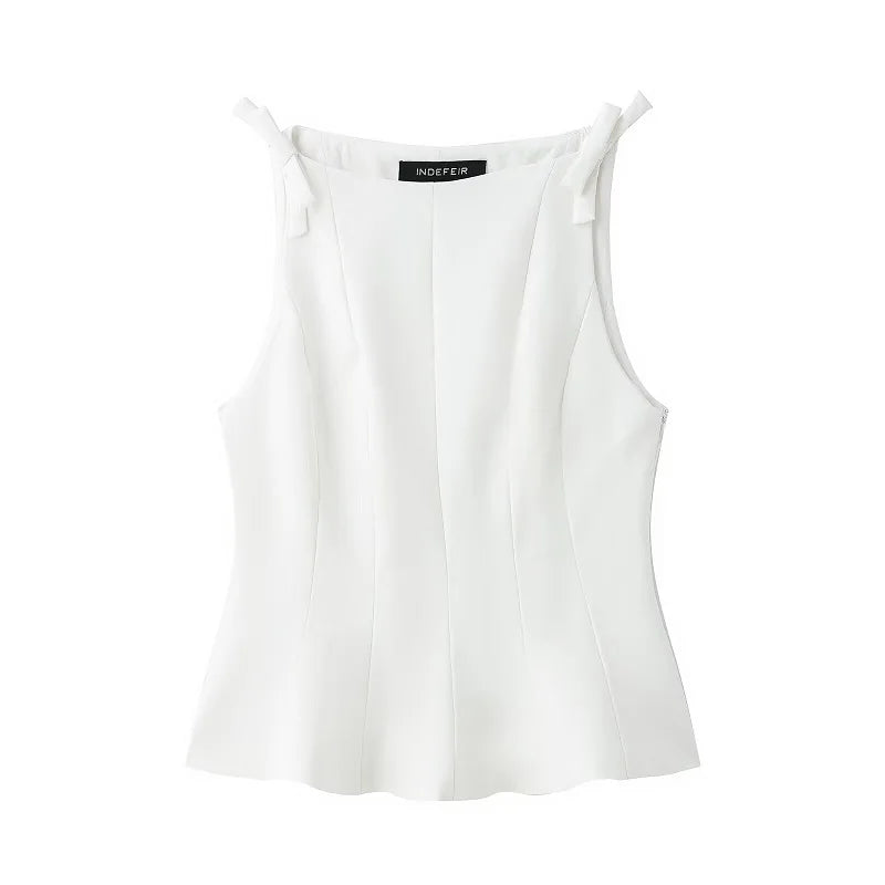 MUJER White Bow Sleeveless Tops for Women Black off Shoulder Top Female Spring Casual Tank Tops Woman 2025 Pleated Women's Tops