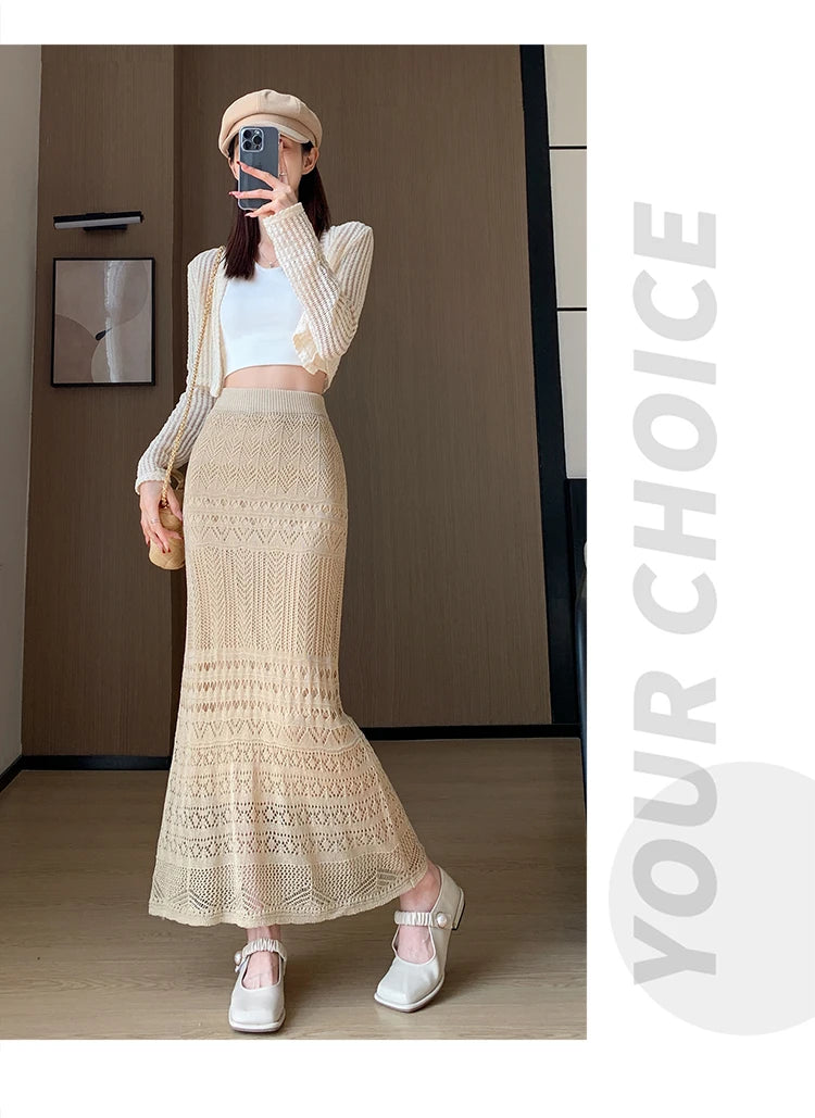 Skirts Women Trumpet High Waist Long Skirt Female Summer Elegant Knitted Hollow Out Fahison Skirt Bottom