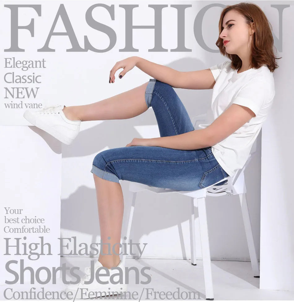 Woman's Jeans Black Denim Pants Ladies Cropped Trousers Skinny  Knee Length Jeans Women Elastic High Waist Mom Jeans Oversize