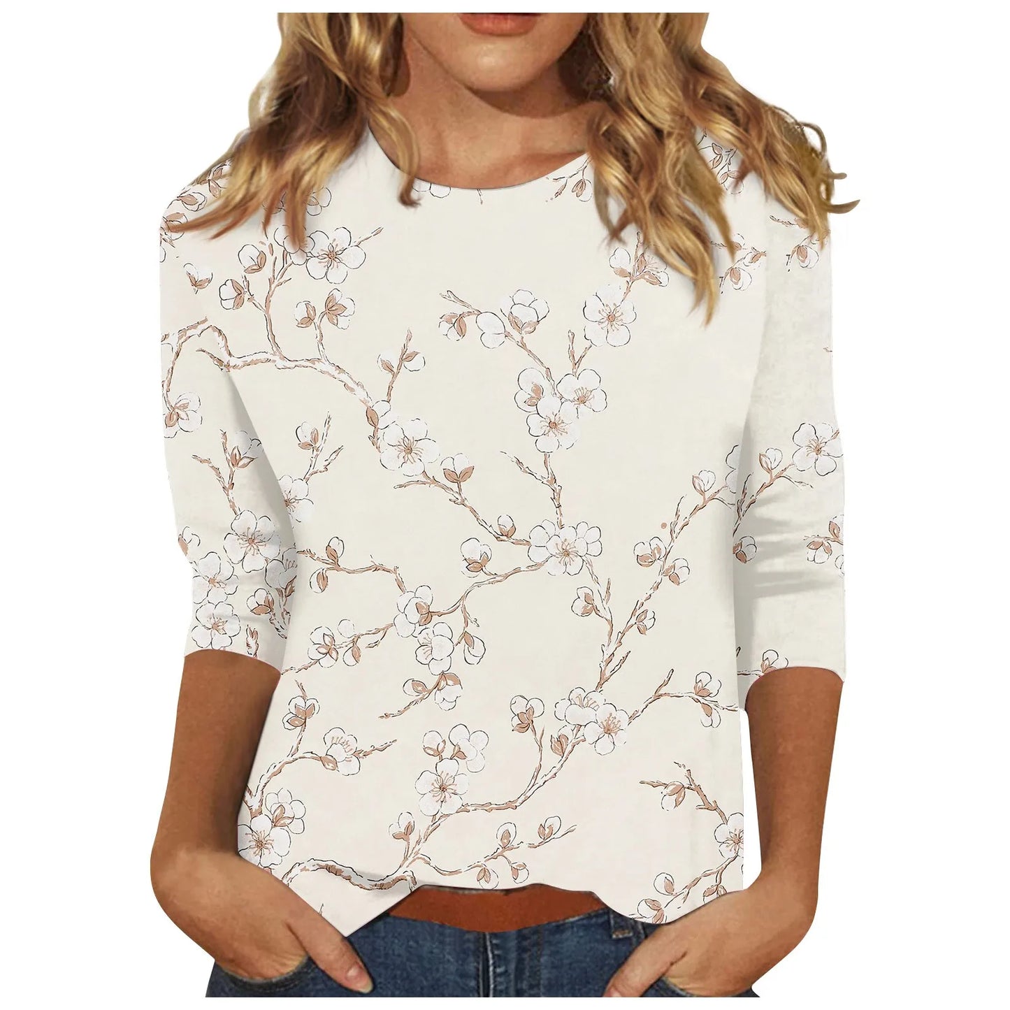 2024 Women Summer Tops Comfortable T Shirt Fashion Flower Print Round Neck 3/4 Sleeve Tops Soft Versatile Pullover Ropa De Mujer