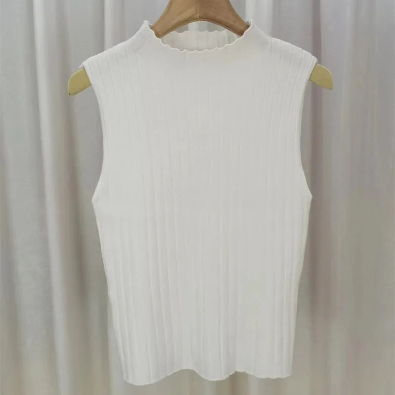 Black Tank Tops Women Sleeveless Knitted T-Shirts Crop Tops Female Elastic Slim Vests Casual 2025 Summer Spring Pullover Camis