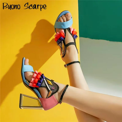 Fashion Rhinestones Chunky Heel Platform Women Sandals Summer All Match Belt Buckle Party Shoes Novelty Designer Sandalias New