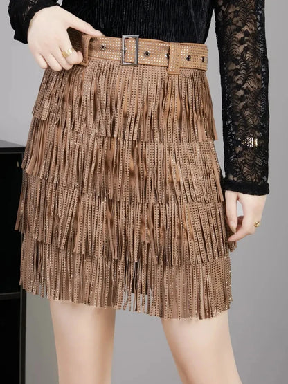 Women Skirt Fashion 2025 New Autumn High Waist Belt Multi Layer Short  Heavy Drilling Rhinestones Fringed Skirt with Cake A Line