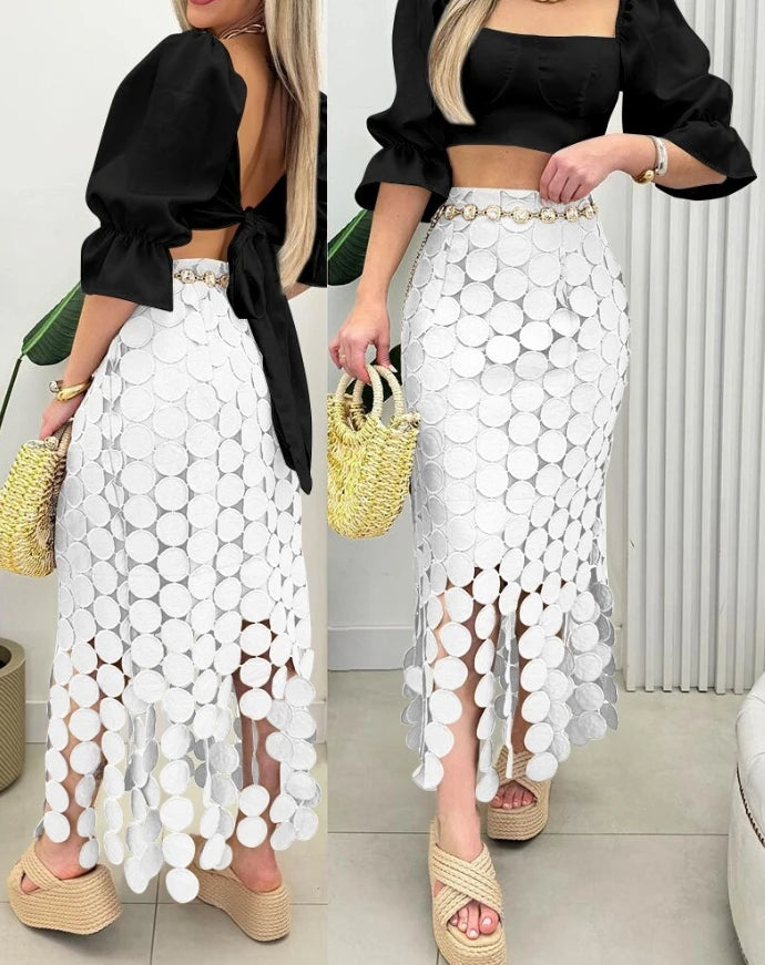 Skirts for Women 2025 Spring New Solid Color Hollow-Out Boho Tassel Slim Fit Bodycon High Waist Casual Daily Long Skirt