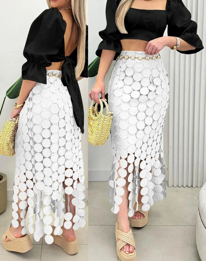 Skirts for Women 2025 Spring New Solid Color Hollow-Out Boho Tassel Slim Fit Bodycon High Waist Casual Daily Long Skirt