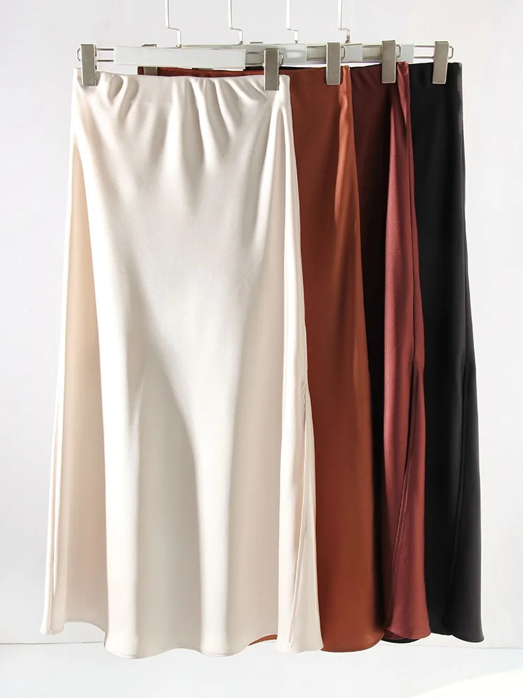 Long Satin Skirts For Women Summer High Quality Skirt With Slit On The Side Silk Elegant Black Maxi Luxury Women's Skirts 2025