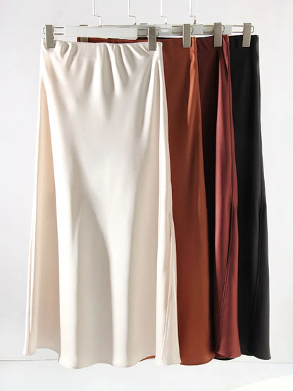 Long Satin Skirts For Women Summer High Quality Skirt With Slit On The Side Silk Elegant Black Maxi Luxury Women's Skirts 2025