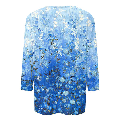 2024 Women Summer Tops Comfortable T Shirt Fashion Flower Print Round Neck 3/4 Sleeve Tops Soft Versatile Pullover Ropa De Mujer