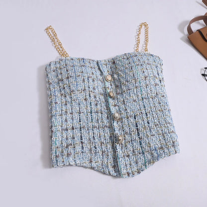 Women Summer Tweed Chain Chic Tank Tops Buttons Off Shoulder with Bra Pad Crop Tops Pleated Sexy Backless Sleeveless Sweet Camis