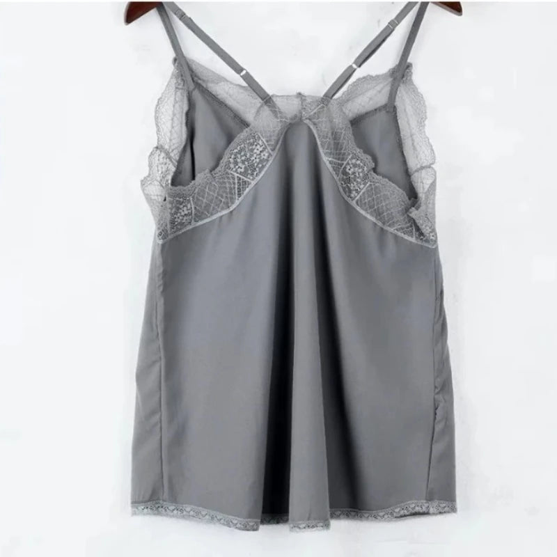 Women Tops  Elegant Tank Top Tube Top Silk Satin Camisole Plain Strappy Vest Tops Sleeveless Blouse French Tuning Delicate Lace