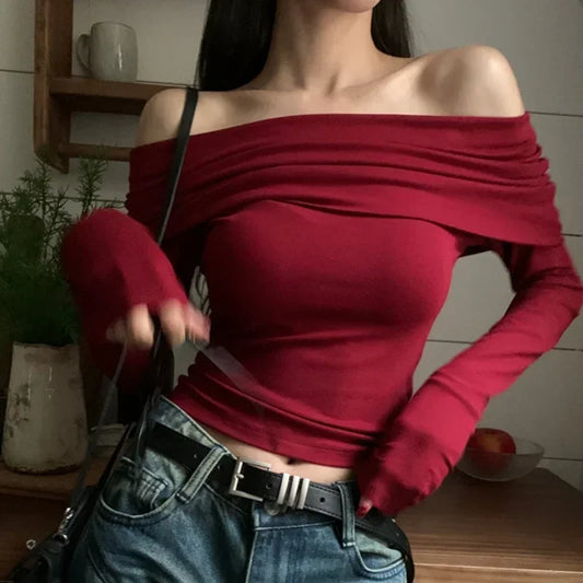 Women Sexy Tops Off Shoulder Long Sleeve Knitted T-shirt Solid Elegant Autumn Winter New Spicy Girl Slim Fit Short Red Crop Top