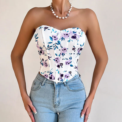Women Floral Top Sexy Spicy Girl Tank Top Low cut Open Back Flower Wrapped Chest Diamond Fish Bone Strap Waist Vest Tank Top