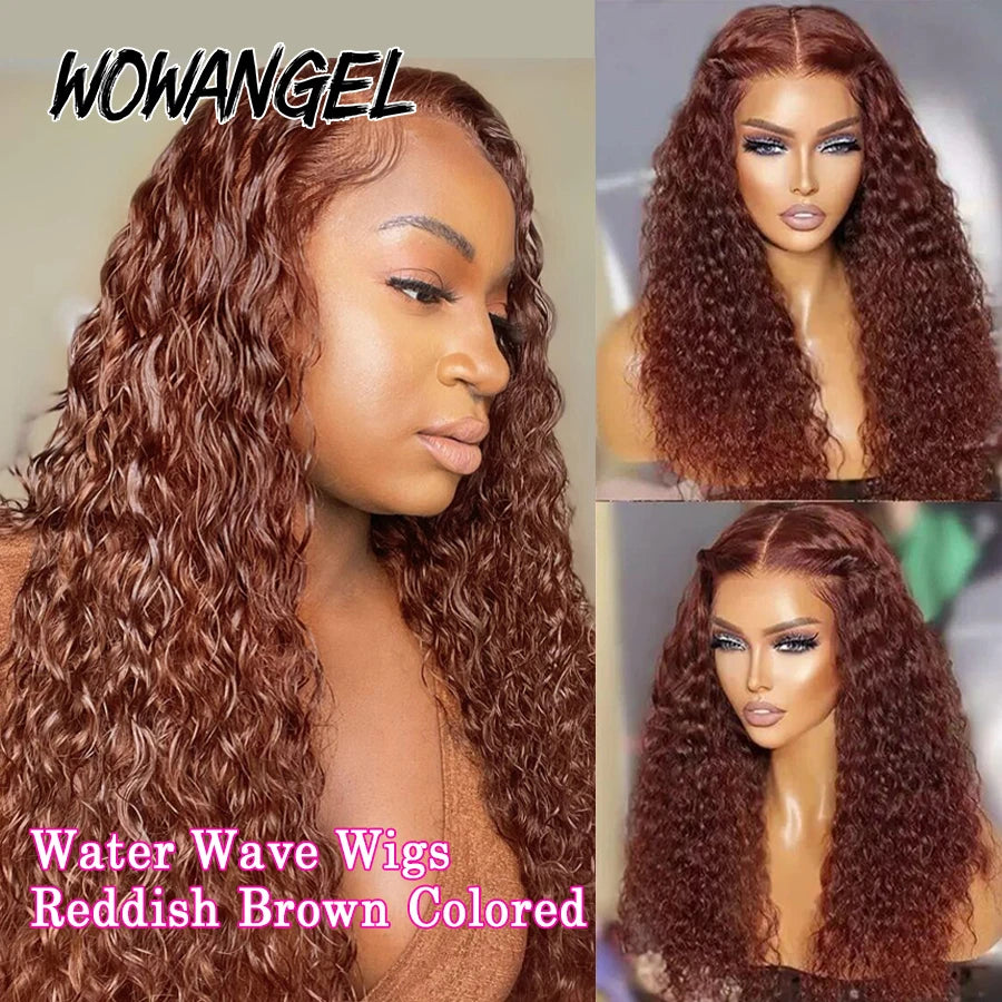 WOWANGEL Reddish Brown Pre Cut Glueless Wig Human Hair Ready To Wear 5x5 HD Lace Closure Water Wave Curly Wigs Wear To Go